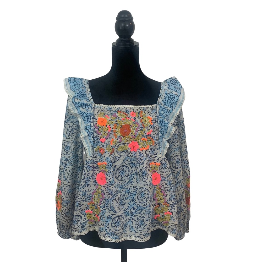 Love The Label 100% Cotton Blue Floral Neon Embroidered Smocked Ruffle Top M